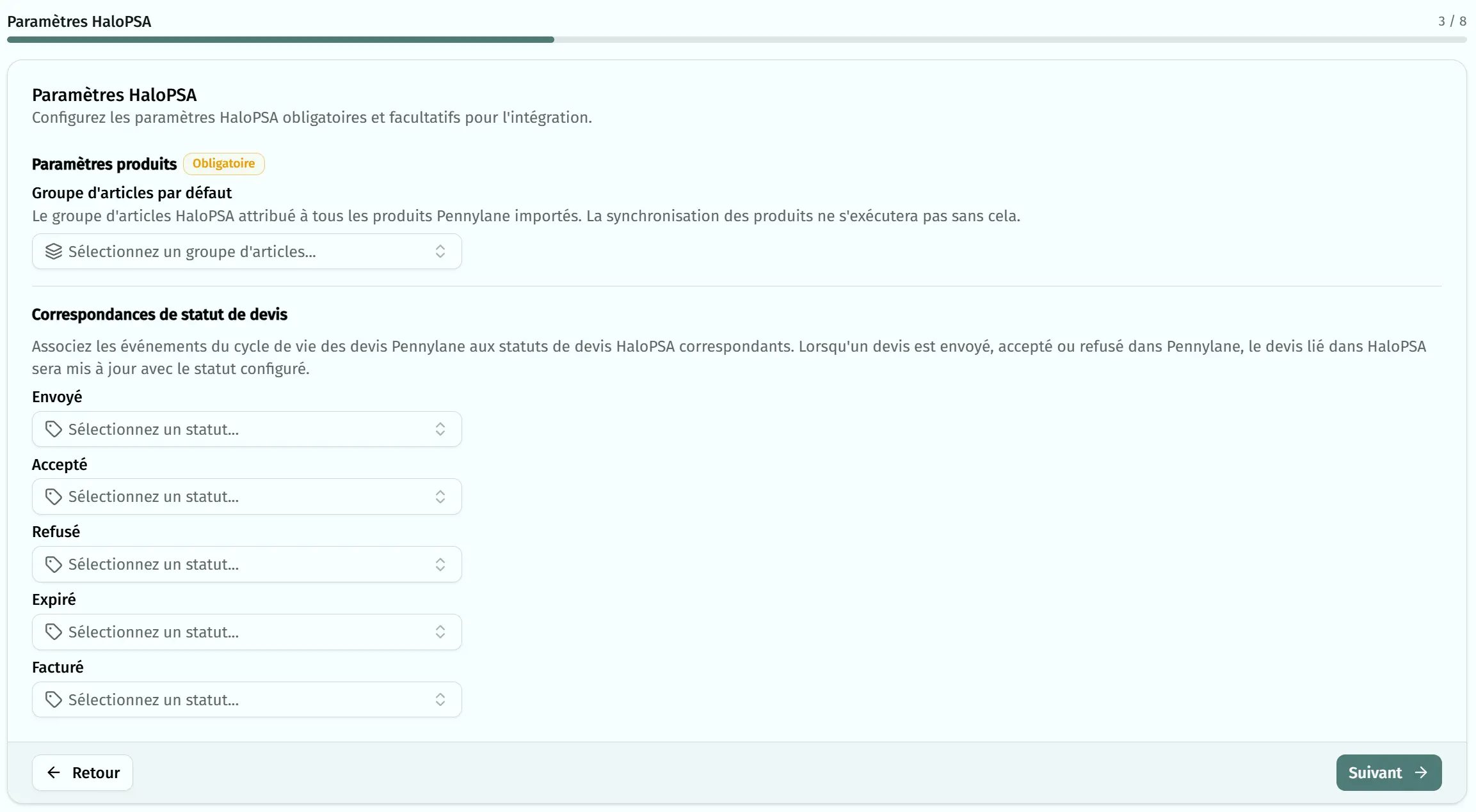 Groupe d'articles et statut de devis